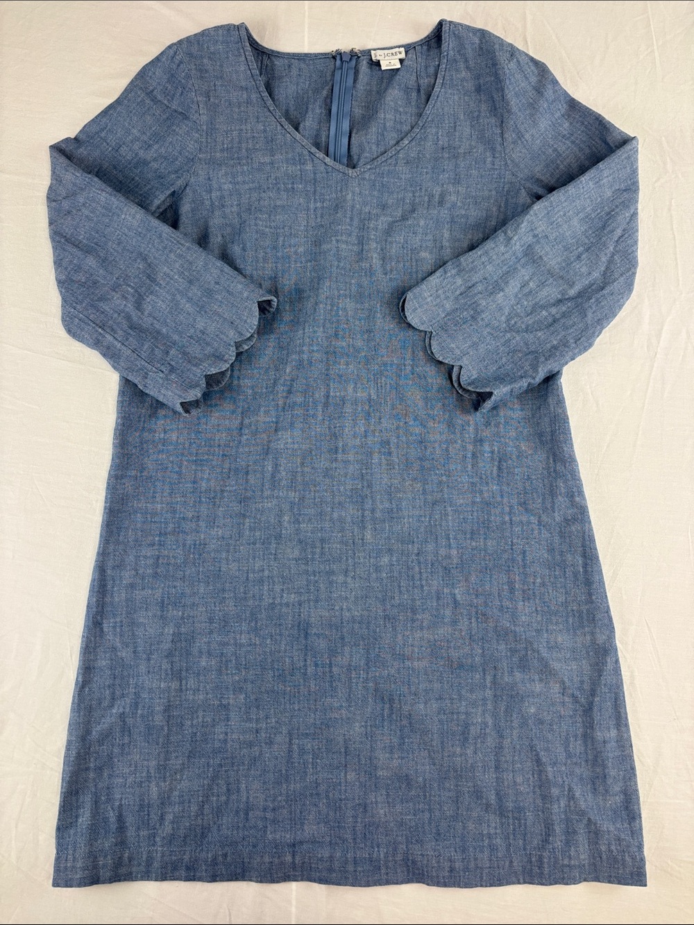 J. Crew Blue Chambray V-Neck Dress with Scalloped Sleeves